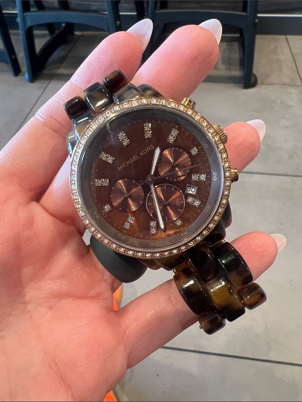 Michael Kors Brown Tortoiseshell Crystal-Trim Chronograph Watch